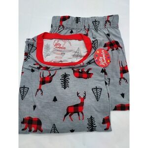 Jolly Jammies Pajama Set XL Gray Red Buffalo Plaid Bear Deer Christmas